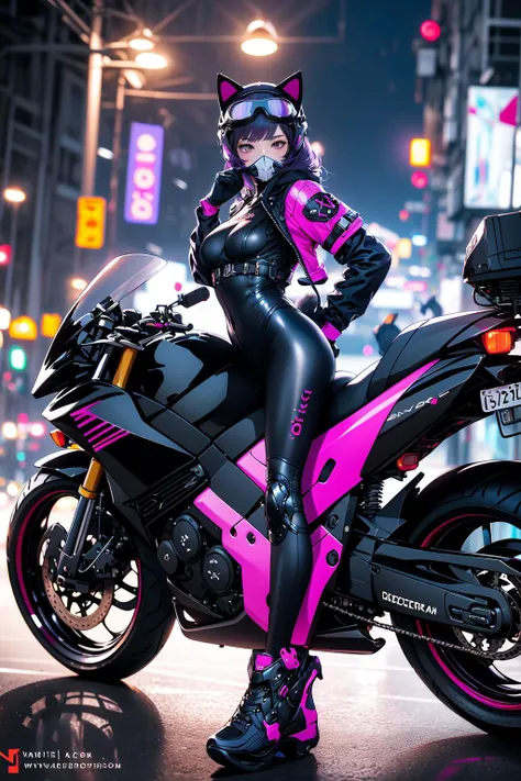 (masterpiece:1.2), best quality,realistic,midjourney,
motorcycle, 1girl, ground vehicle, motor vehicle, solo, animal ears, bodysuit, helmet, mask, purple eyes, tail, cat ears, motorcycle helmet, breasts, black bodysuit, looking at viewer, goggles, gloves, night, mouth mask, skin tight, on motorcycle, fake animal ears, cyberpunk, cat tail, purple hair, blurry, medium breasts, full body, blurry background
 <lora:midjourney:1>