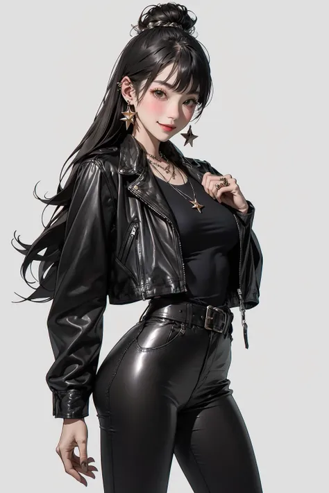 (masterpiece:1.2), best quality,CG,midjourney,
1girl, jewelry, solo, long hair, leather, black hair, ring, leather jacket, earrings, jacket, white background, looking at viewer, simple background, black jacket, pants, brown eyes, breasts, bangs, piercing, black pants, long sleeves, belt, cowboy shot, leather pants, closed mouth, ear piercing, zipper, blush, cropped jacket, necklace, shirt, smile
<lora:midjourney:1>