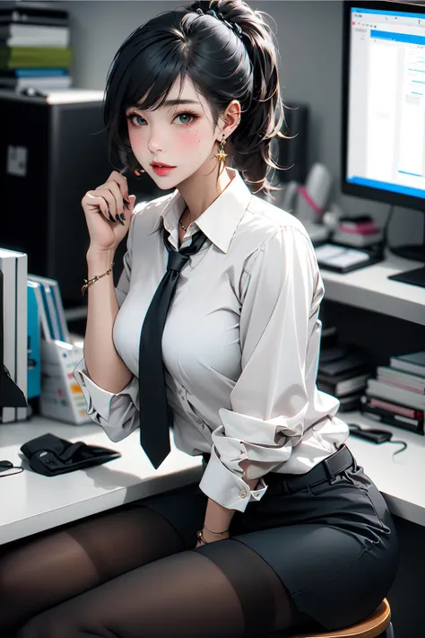 1woman,random office lady fashion,(Thin type),(large breasts),(random sexy pose),(random hairstyle),(Highest image quality,(8K), Ultra-realistic, Best Quality, High quality, High Definition, high quality texture, high detailing, Beautiful detailed, fine detailed, extremely details CG, Detailed texture, realistic representation of face, masterpiece, presence),(wearing glasses:1.2),black pantyhose