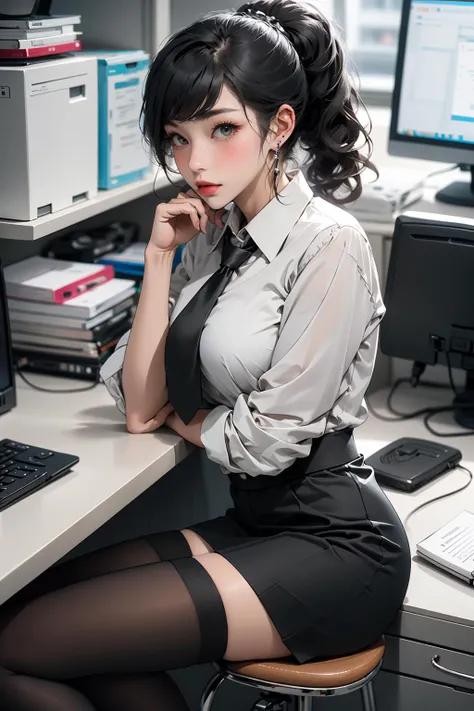 Tenten in an office building working as an accountant , formal office dress , skirt , white dress , masterpiece , best quality , looking seductive , odd tie , sitting cross leg.