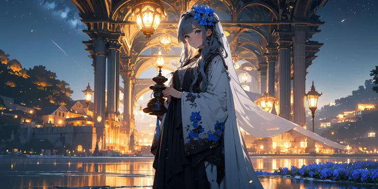 (masterpiece:1.2), best quality,realistic,midjourney,
1girl, blue eyes, flower, long hair, solo, looking at viewer, night, blue flower, dress, holding, outdoors, lantern, bangs, veil, hair flower, grey hair, hair ornament, jewelry, closed mouth, black dress, sky, breasts, night sky, long sleeves, scenery, wide sleeves, water, very long hair, looking to the side, blush, star (sky)
 <lora:midjourney:1>