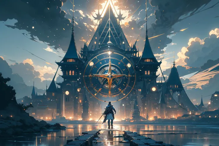 (masterpiece:1.2), best quality,realistic,midjourney,
scenery, sky, cloud, weapon, standing, holding, star (sky), tower, outdoors, cloudy sky, holding weapon, night, multiple others, from behind, water
<lora:midjourney:1>