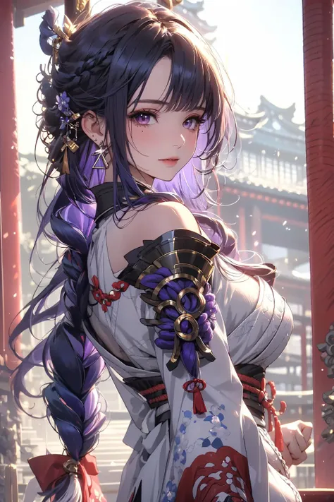 (masterpiece:1.2), best quality,pixiv,
1girl, solo, raiden shogun, purple eyes, long hair, japanese clothes, breasts, looking at viewer, braid, kimono, purple hair, sash, hair ornament, cleavage, bangs, jewelry, earrings, obi, mole, braided ponytail, purple kimono, vision (genshin impact), upper body, mole under eye, closed mouth, tassel, off shoulder, large breasts, shoulder armor, very long hair, long sleeves, red ribbon, ribbon, armor, from side
<lora:midjourney portrait_20230625143136:1>
