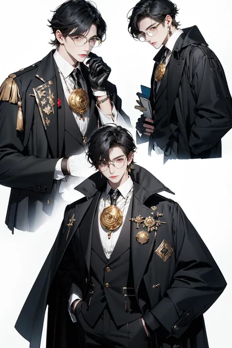(masterpiece:1.2), best quality,realistic,midjourney,
1boy, gloves, male focus, quill, glasses, jewelry, earrings, eyewear strap, white background, black hair, monocle, holding, black gloves, short hair, hand in pocket, book, shirt, long sleeves, simple background, looking at viewer, tassel, hair between eyes, multiple views, lamp, bangs, collared shirt, paper, single earring, coat, pants, black coat, round eyewear, closed mouth, solo
<lora:midjourney:1>