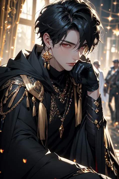 (masterpiece:1.2), best quality,realistic,midjourney,
male focus, 1boy, black hair, jewelry, earrings, short hair, looking at viewer, armor, blurry, cape, bangs, black gloves, solo focus, gloves, blurry background, solo, sitting, upper body, expressionless, closed mouth, light particles, black cape, red eyes, tassel
<lora:midjourney:1>