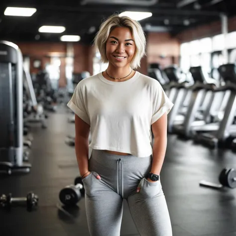 full body photo of woman, oversized long wool t-shirt, yoga pants, detailed eyes, medium short hair, (freckles), waxed gym, cinematic photo flyweight, 35mm photograph, tilt shift, film, professional, 4k, highly detailed, <lora:uberfit_lora_sdxl_civtai:0.80>, uberfit, muscular, flexing arms, arm up, fists ,<lora:liragirl:0.65>