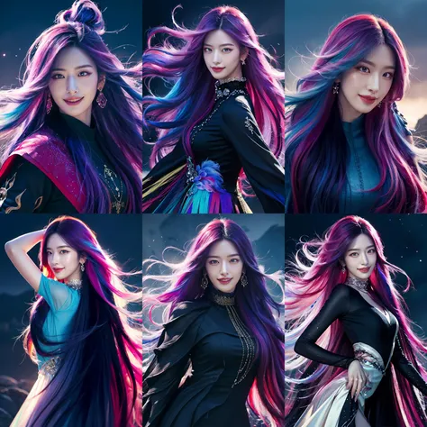 (otherworldly, otherworldly atmosphere, otherworldly appearance), highly insanely detailed, masterpiece, top quality, best quality, highres, 4k, 8k, RAW photo, (long_hair, long hair), collar, earrings, jewelry, 
(random colors cloth, random colors hair, random long hair, dynamic hair, glowing hair), 
long hair, eyelashes, eyeliner, makeup, hair over one eye, 
(dynamic pose), (dynamic weather), 
anyujin, <lora:Anyujin_v4:1>, 
(smiling at viewer), (fantasy world)