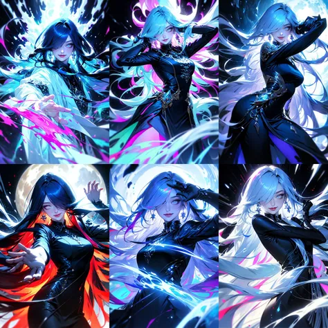 (otherworldly, otherworldly atmosphere, otherworldly appearance), highly insanely detailed, masterpiece, top quality, best quality, highres, 4k, 8k, RAW photo, (long_hair, long hair), collar, earrings, jewelry, 
(random colors cloth, random colors hair, random long hair, dynamic hair, glowing hair), 
long hair, eyelashes, eyeliner, makeup, hair over one eye, 
(dynamic pose), (dynamic weather), 
anyujin, <lora:Anyujin_v4:1>, 
(smiling at viewer), (fantasy world)