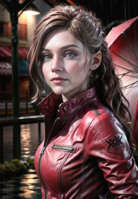 Marz , as claire redfield, red jacket, rain, night, portrait, <lora:add_detail:1.5> (8k, RAW photo, best quality, masterpiece:1.2),ultra-detailed, (high detailed skin:1.2), 8k uhd, dslr, soft lighting, high quality, <lora:Marz_v1:0.8> <lora:sxz-claired-new:0.5>