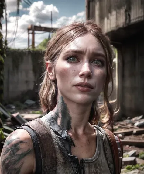Marz , as ellie, angry, in ruined building, moss, post apocalyptic, portrait, <lora:add_detail:1.5> (8k, RAW photo, best quality, masterpiece:1.2),ultra-detailed, (high detailed skin:1.2), 8k uhd, dslr, soft lighting, high quality, <lora:Marz_v2:1> <lora:add_detail:1> <lora:3ll13tl02:0.5>