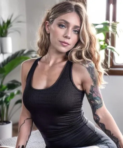 Marz, black tank top, indoors, portrait, beautiful, <lora:add_detail:1.5> (8k, RAW photo, best quality, masterpiece:1.2),ultra-detailed, (high detailed skin:1.2), 8k uhd, dslr, soft lighting, high quality, <lora:Marz_v2:0.8>