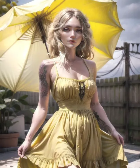 Marz , yellow summer dress, happy, flowers, (8k, RAW photo, best quality, masterpiece:1.2),ultra-detailed, (high detailed skin:1.2), 8k uhd, dslr, soft lighting, high quality, <lora:Marz_v2:1> <lora:add_detail:1>