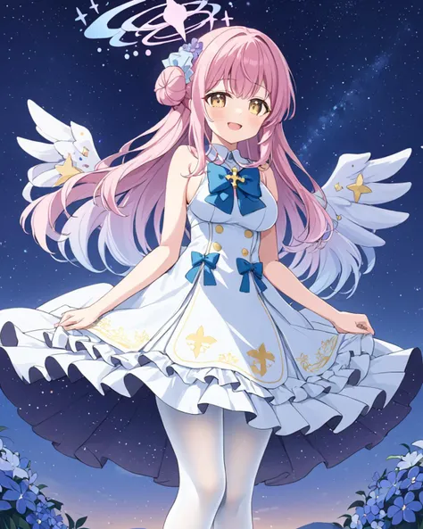 breathtaking,mika \(blue archive\),1girl, solo, breasts, looking at viewer, blush, smile, open mouth, hair ornament, dress, bare shoulders, medium breasts, flower, pantyhose, frills, parted lips, wings, sky, sleeveless, hand up, hair flower, bowtie, hair bun, white dress, bare arms, night, sleeveless dress, feet out of frame, halo, blue bow, scrunchie, frilled dress, star (sky), night sky, feathered wings, starry sky, white pantyhose, angel wings, white wings, blue bowtie, single side bun, low wings, wrist scrunchie
<lora:Mika_image124_v1:1> . gorgeous,key visual, vibrant, studio anime,award-winning, professional, highly detailed,high budget, cinemascope