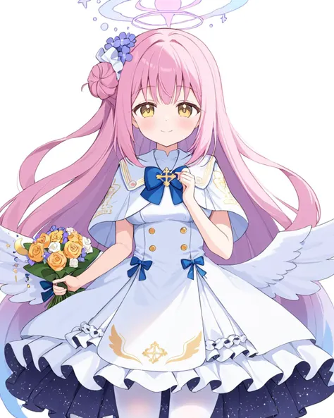 mika \(blue archive\),1girl, white_dress, solo, smile, halo, single_side_bun, looking_at_viewer, white_background, simple_background, frilled_dress, holding_bouquet, hair_flower, purple_flower, blue_bow, rose, blush, capelet, scrunchie, closed_mouth, white_wings, blue_flower, white_pantyhose
<lora:mika_(blue_archive)_image1356_2023-11-18_spv-000030:1>,halo,. gorgeous,key visual, vibrant, studio anime,award-winning, professional, highly detailed,high budget, cinemascope