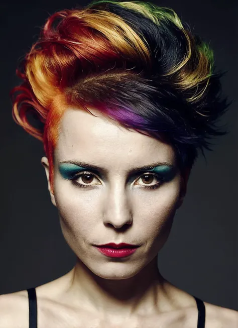 portrait of sks woman by Flora Borsi, style by Flora Borsi, bold, bright colours, rainbow Mohawk haircut, ((Flora Borsi)), <lora:locon_noomirapace_v1_from_v1_64_32:1.25>