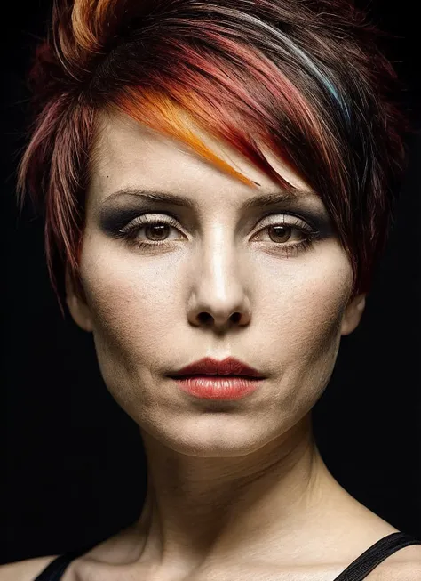 portrait of sks woman by Flora Borsi, style by Flora Borsi, bold, bright colours, rainbow Mohawk haircut, ((Flora Borsi)), <lora:locon_noomirapace_v1_from_v1_64_32:1>