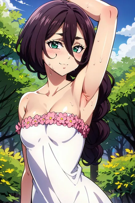 Zaneri ,nsfw,sweat,sweatdrop,hot,outdoors,small breasts,armpit peek,1girl, brown hair,frill pink flower,off shoulder dress,upperbody,white dress,long dress,side ponytail,braided ponytail,facing viewer,cute pose,green eyes,hair between eyes ,smile,<lora:Zaneri:0.4>