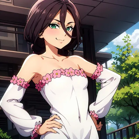 best quality,masterpiece,Zaneri ,hot,outdoors,landscape,small breasts,hands on hips,detached sleeves,frills sleeve,sleeves flower frills,upper body,standing,armpit peek,1girl, brown hair,frill pink flower,off shoulder dress,white dress,long dress,side ponytail,braided ponytail,facing viewer,green eyes,hair between eyes ,smirk,smug,<lora:Zaneri:0.6>