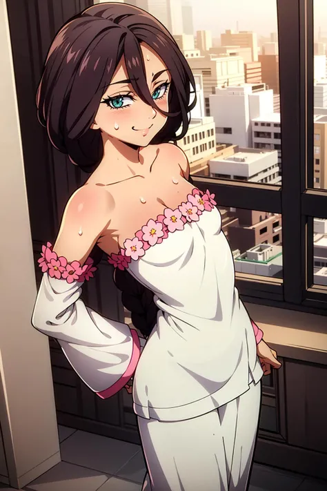 best quality,masterpiece,Zaneri ,nsfw,sweat,sweatdrop,hot,indoors,hotel,small breasts,smell self armpit,lewd smile,detached sleeves,frill sleeve,standing,armpit peeek,,orgasm,1girl, brown hair,frill pink flower,off shoulder dress,white dress,long dress,side ponytail,braided ponytail,facing viewer,cute pose,green eyes,hair between eyes ,smirk,smug,<lora:Zaneri:0.6>