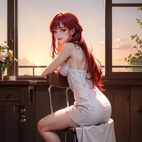 (masterpiece:1.2), (best quality:1.2), (extremely detailed:1.2), 1girl, long hair, red hair, medium breasts, white summer dress, looking at viewer, smile, 
 <lora:sitchair-000019:0.7>, sitface, sitaway, female focus, looking at viewer, sitting backwards, windows, sunset,
in classroom,