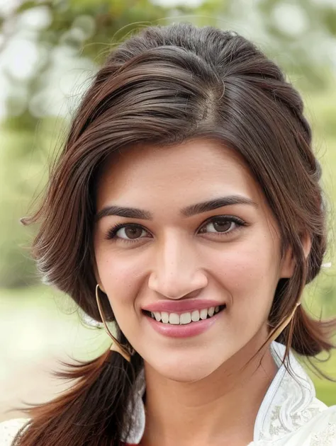 ultrarealistic hires close up photo of a 30-year-old krsa woman, outdoors, looking at camera, high collar white dress, smiling, high pony hair, beautiful bokeh background, <lora:krsa_Kriti_Sanon_SD15_LoRA_Adafactor-000002:1>