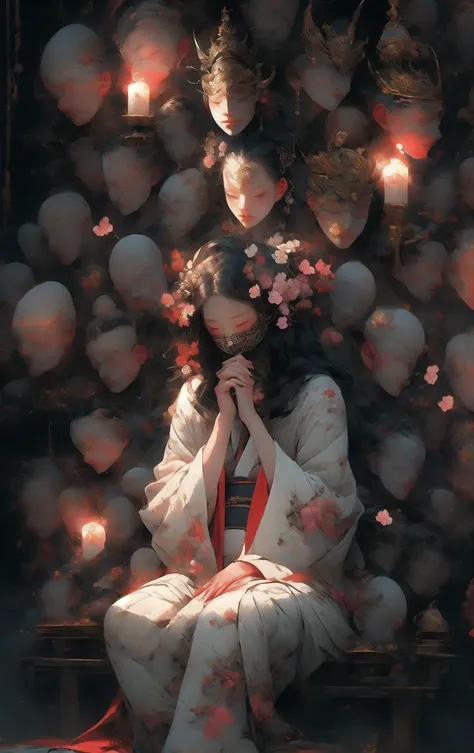 (masterpiece:1.2), best quality, PIXIV, black hair, hair ornament, japanese clothes, hair flower, flower, kimono, mask, 1girl, sitting, long hair, own hands together, looking at viewer, 6+boys, praying, multiple boys, floral print, wide sleeves <lora:thousand faces_20230729115837:1>