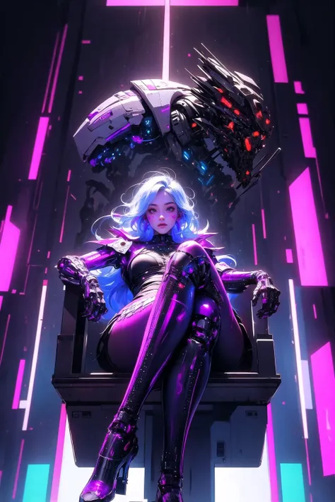 (masterpiece:1.4), (intricate:1.2), (detailed:1.2), (vibrant colors:1.2), BREAK,
(cyberpunk:1.1), (synthwave:1.0), (neon:1.0), (from below:1.0), BREAK,
(female cyborg:1.1), (mechanical limbs:1.0), (sitting:1.0), (crossed legs:1.0), (long hair:1.0), BREAK,
(night:1.0)