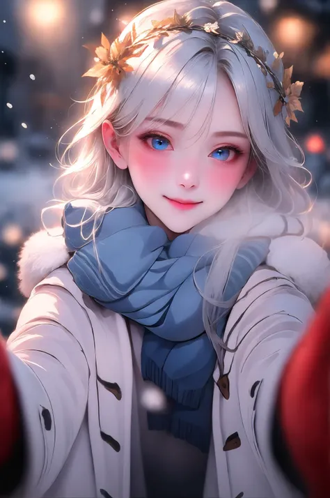 bokeh, hyper-realistic portrait of a mysterious woman with flowing silver hair, piercing blue eyes, and a delicate floral crown, <lora:PovCheekWarmingMeme:1> IncrsChkWarmingMeme, pov, red scarf, winter clothes, smile, blush