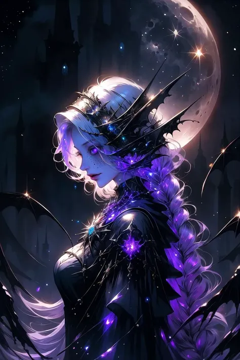 best quality, masterpiece, 1 girl, adult (elven:0.7) woman, freckles, purple eyes, platinum blonde fishtail braid, ombre, solo, 15%from side, side view, upper body, looking down, detailed background, detailed face, (<lora:DonMASKTex:0.4>, scifi, glowing liquid, DonMASKTex theme:1.1) vampire, pale skin, vampire fangs, flowing [dark:dark blue:5] clothes, hooded, necklace, sinister posture, evil smirk, blood stains, red glow, coffin in background, moonlit sky, contrast, mist, eerie atmosphere,