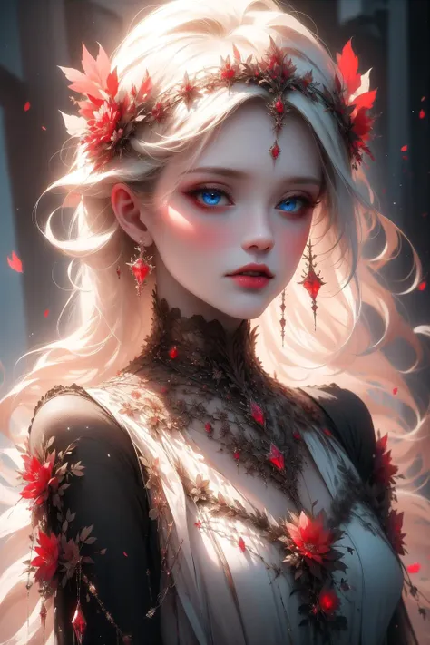 <lora:redice-concept-richy-v1_1:1>, redice, red theme, hyper-realistic portrait of a mysterious woman with flowing silver hair, piercing blue eyes, and a delicate floral crown, red glacier,