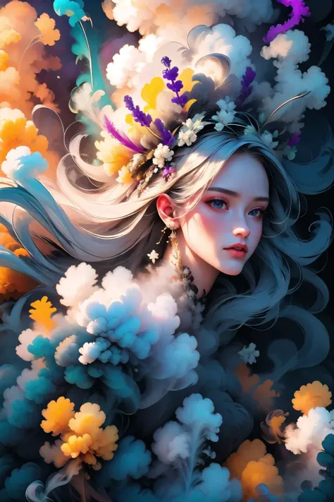 hyper-realistic portrait of a mysterious woman with flowing silver hair, piercing blue eyes, and a delicate floral crown, <lora:colorful_fumes:1.65>, colorful_fumes, smoke,