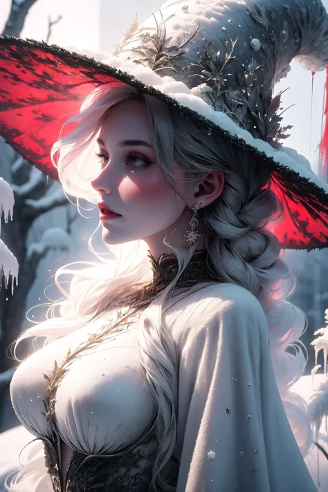<lora:snow-style-richy-v1:1>, snowstyle, winter, snow,
black metal, woman, wearing a large stylish witch hat, wearing a large black gown, looking into the distance, 105mm, poleroid photo,