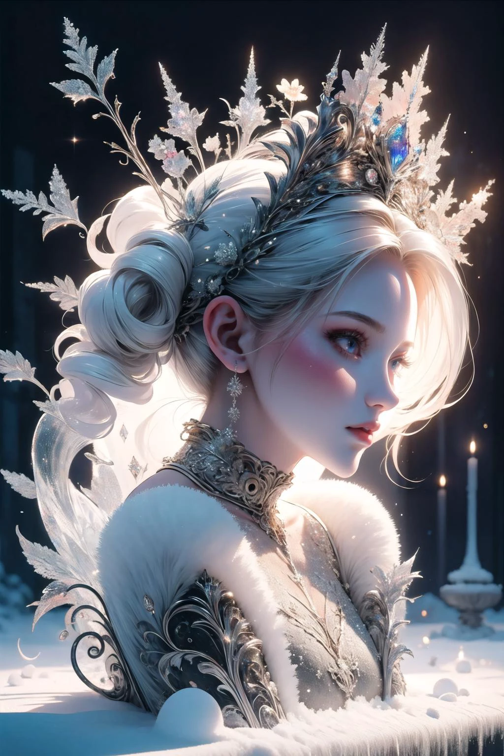 <lora:snow-style-richy-v1:1>, snowstyle, winter, snow,
thick acrylic illustration, gorgeous anime girl, oil painting, extreme iridescent reflection, flower decorations, chiaroscuro, holy cinematic rim lighting, rococo art,
