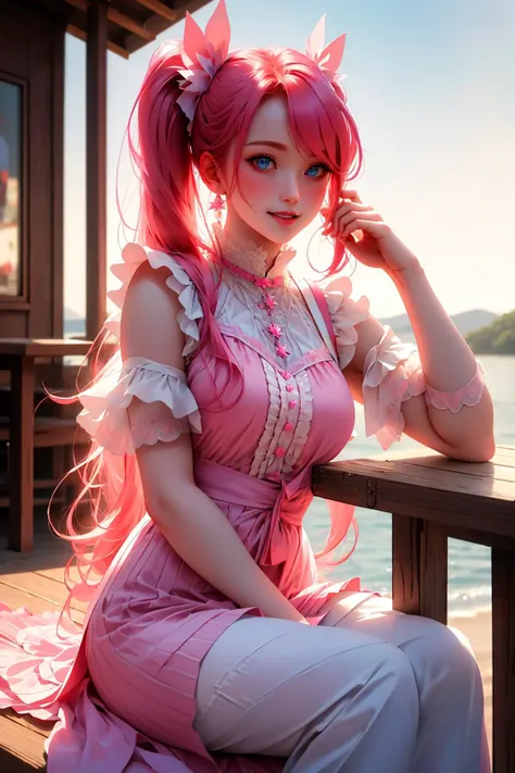 ultra detailed, sharp focus, best quality, masterpiece, 1girl, blue eyes, ginger hair, pale skin, sleeveless, pink frilly dress, twin-tails, full-body shot, smile, outdoor restaurant background, sitting, date, romantic, best quality, dynamic lighting, masterpiece, intricate details, pov, looking at the viewer,