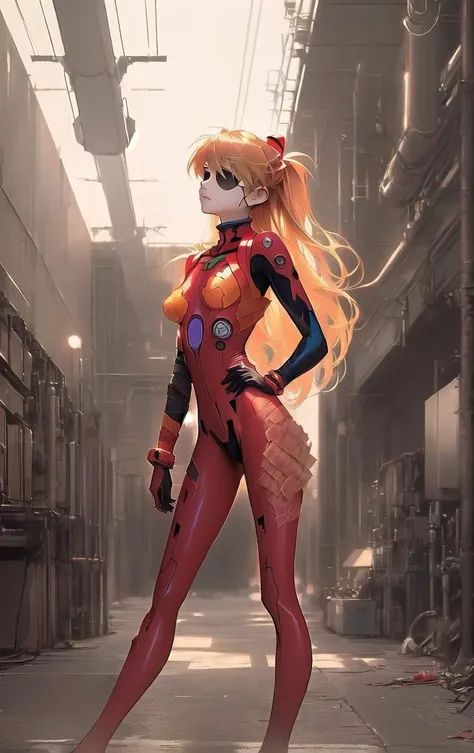 A ((Extreme Wide Shot of souryuu asuka langley interface headset, red bodysuit, tape, eyepatch <lora:AsukaLangleySouryuuV2:1>)) (that's drunk), ((look at the camera)), factory as background