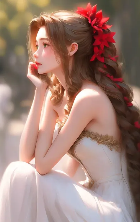 Shallow depth of field photo shoting, angled sitting pose, aerith gainsborough very long hair, hair ribbons, hair flowers, strapless red dress, high heels <lora:aerith-nvwls-v1:0.9>