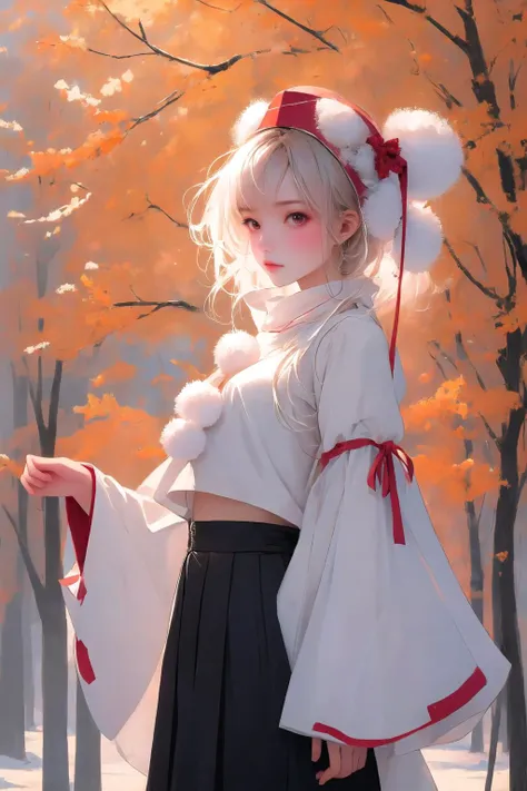 (masterpiece, best quality:1.2), solo, 1girl, inubashiri momiji, tokin hat, shirt, pom pom \(clothes\), detached sleeves, skirt, <lora:touhou_inubashiri-11:1>