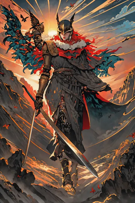 High Quality, Masterpiece, <lora:Yomama_Edo_artstyle:0.8> yomama_edo, cloud, wave, mountain, prothestic leg, single mechanical arm, prosthesis, MaleniaDef, armor, cape, helmet, brown dress, <lora:Char_EldenRing_Malenia:1>, sunset, full body, sword, holding sword, wings, butterfly, KatanaOneHand, basic grip, blade to side, <lora:Weapon_UBWKatanaOnehand:0.9>
