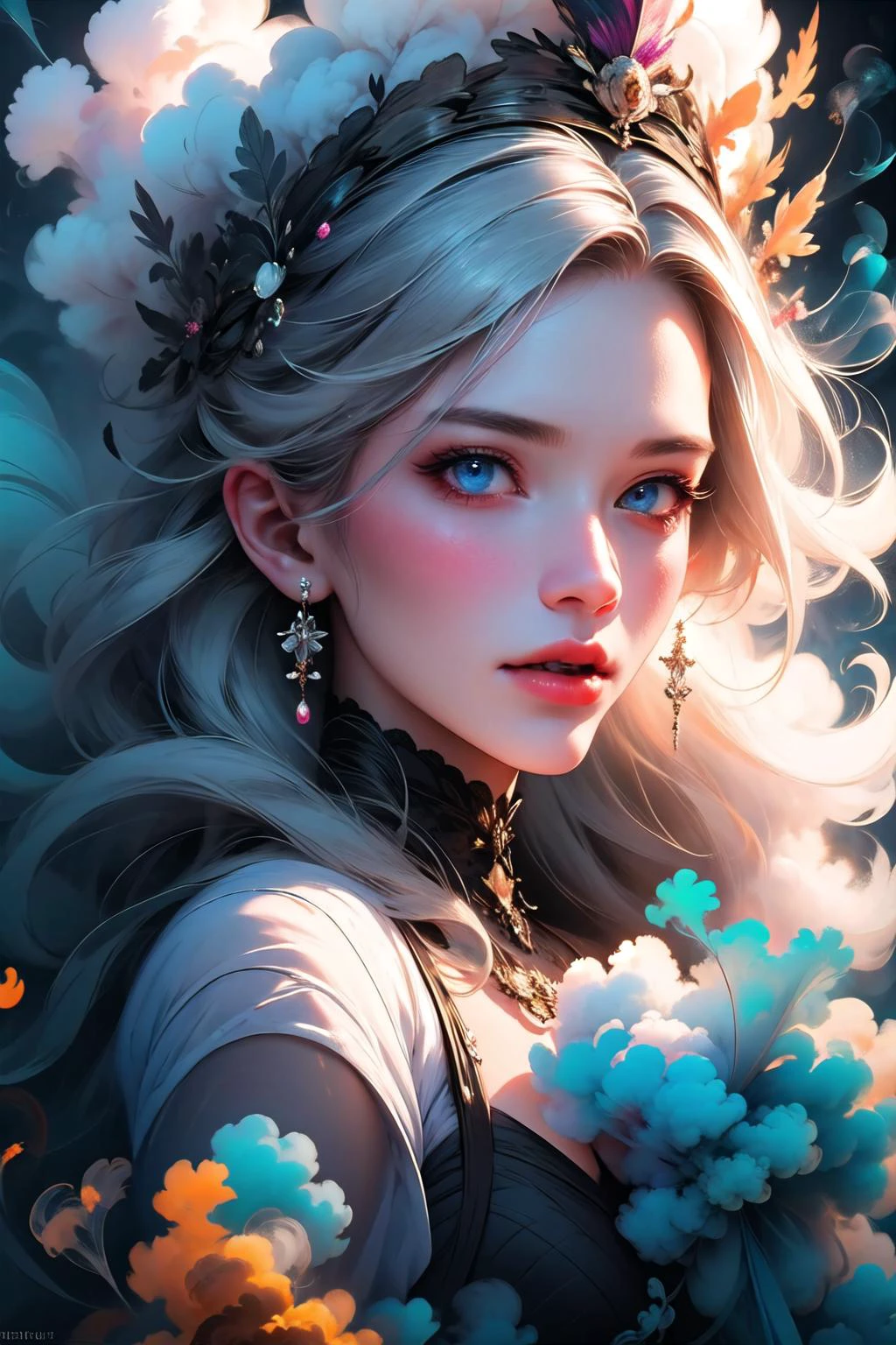 hyper-realistic portrait of a mysterious woman with flowing silver hair, piercing blue eyes, and a delicate floral crown, <lora:colorful_fumes:1.4>, colorful_fumes, smoke,