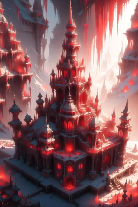 <lora:redice-concept-richy-v1_1:1>, redice, red theme, Top view of hyper detailed supermassive royal castle, from dark fantasy, CGI, depth focus, Volumetric Lighting, photorealistic, realistic, detailed, hyperrealistic, complicated, complicated maximalistic, red glacier,