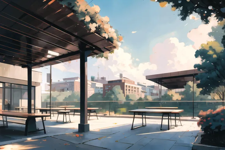 outdoor patio before a cafeteria, benches, tables, trees, university campus, noon, clouds, (masterpiece), beautiful scenery, blur focus, anamorphic bokeh, photography