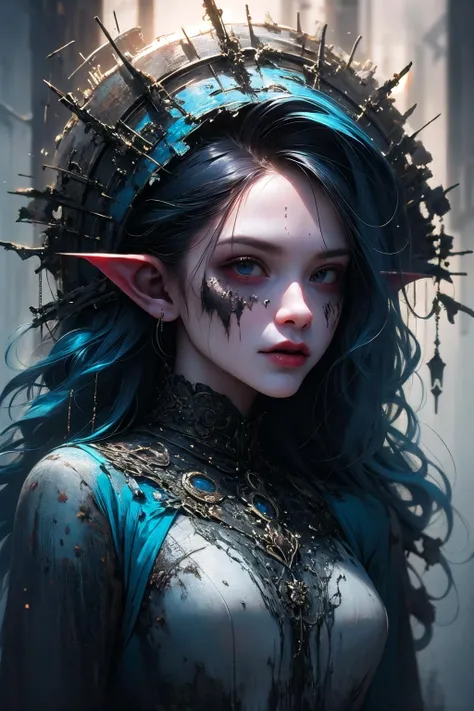 Abandoned haunted carnival Beautiful goblin woman portrait wearing blue, elaborate updo hairstyle, auburn hair, adorned, 16K, UHD, HDR, Silent rides, eerie lights, fog, overgrown, spooky vibe, upper body,