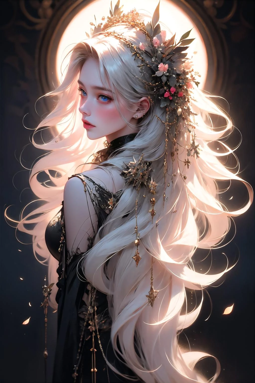 hyper-realistic portrait of a mysterious woman with flowing silver hair, piercing blue eyes, and a delicate floral crown, (full body:1.2),