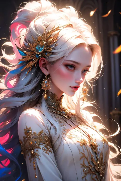 masterpiece, best quality, intricate details, glamour shot of upper body of a woman with white hair (detailed face) wearing a dress in church, style-swirlmagic, (vivid colors:1.3), (sharp focus, realistic:1.3), (extremely complex:1 2) intricate and fine details, her long iridescent white hair is coiled into a bun, surrounded by fiery swirling magic,