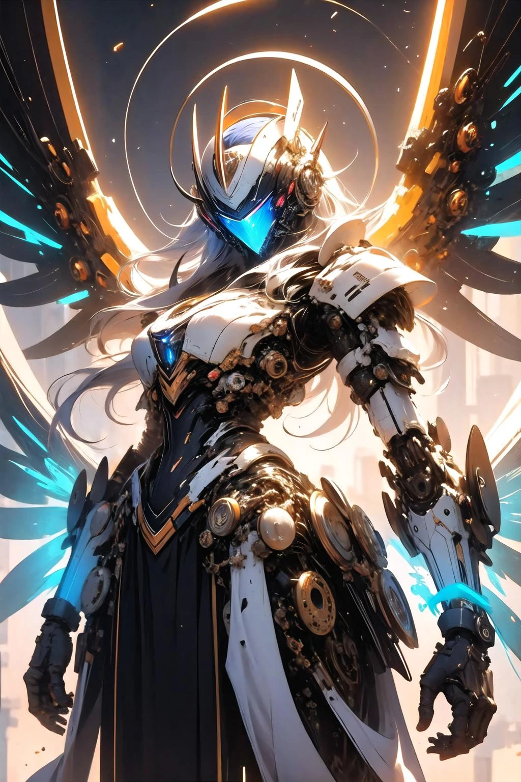 <lora:wrenchsmechs:0.8>, wrenchsmechs, glowing, blue mecha, halo, mechanical wings, long hair,