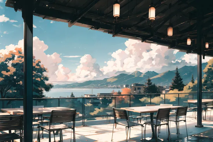 outdoor patio before a cafeteria, benches, tables, trees, university campus, noon, clouds, (masterpiece), beautiful scenery, blur focus, anamorphic bokeh, photography