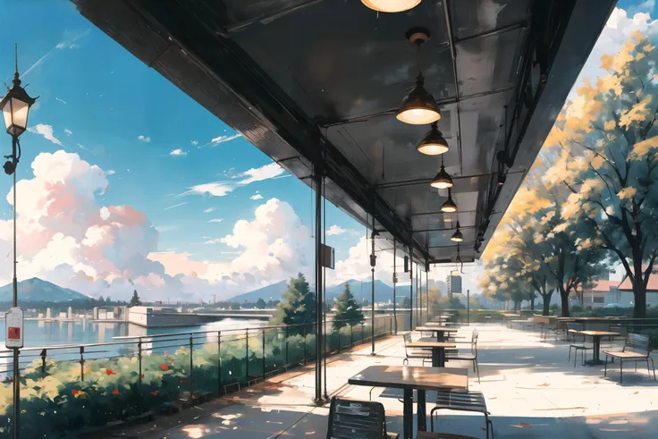 outdoor patio before a cafeteria, benches, tables, trees, university campus, noon, clouds, (masterpiece), beautiful scenery, blur focus, anamorphic bokeh, photography