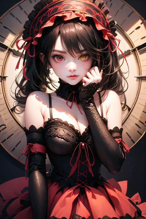 <lora:TokisakiKurumi:1>, KurumiBase, (clock eyes:1.4), heterochromia, twintails, hairband, red dress, frills, detached sleeves, frilled choker,