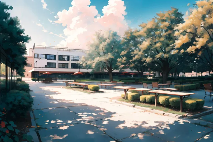 outdoor patio before a cafeteria, benches, tables, trees, university campus, noon, clouds, (masterpiece), beautiful scenery, blur focus, anamorphic bokeh, photography