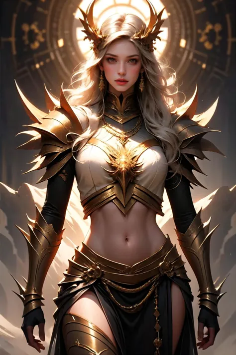 1girl, solo, <lora:edgNadiaGolden:0.7>, edgGolden, dressed in golden armor, wearing edgGolden, navel, midriff, jewelry, necklace, large breasts, tiara, muscular female, pointy ears, white hair, long hair,